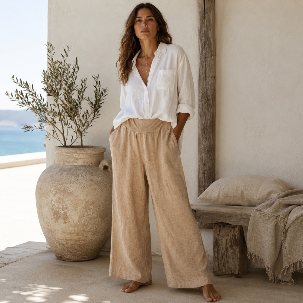 Light Beige Wide-Leg Linen Pants